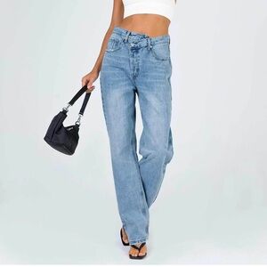 Princess Polly Holly Asymmetric Straight Leg Jean Light Wash Denim